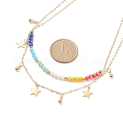 Collana a doppio strato con ciondoli a stella in ottone con perline di vetro colorato per donna&nbsp;NJEW-TA00050