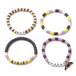 4 Stück 4-teiliges Heishi-Surfer-Stretch-Armband-Set aus Fimo mit Legierungs-Emaille-Fledermaus-Anhängern&nbsp;BJEW-TA00253