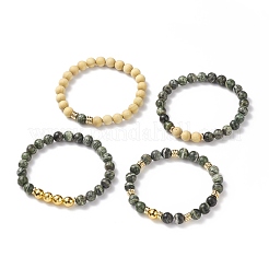 4 pièces 4 style jaspe zèbre vert naturel et bois et hématite synthétique ensemble de bracelets extensibles perlés ronds&nbsp;BJEW-JB08361