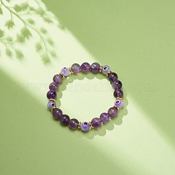Braccialetto elasticizzato con perline rotonde con ametista naturale e lavorazione a lume&nbsp;BJEW-JB08713-06
