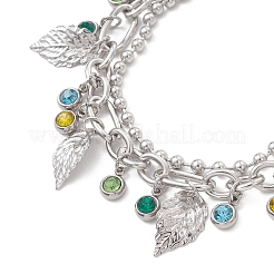 Pulseras de doble capa con cadena de bolas y fígaro de acero inoxidable 304 y hojas&nbsp;BJEW-JB13177-02