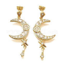 Pendientes colgantes de latón con forma de luna y micro pavé de circonitas cúbicas transparentes&nbsp;EJEW-C126-10G