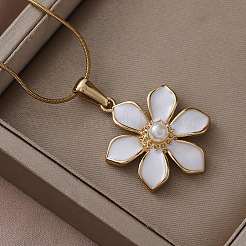Collar con colgante de flor de cerezo en acero inoxidable 304 esmaltado con perlas de imitación para mujer&nbsp;LS-RN9489