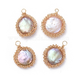 Colgantes de perlas keshi de perlas barrocas naturales, perla cultivada de agua dulce, con alambre de cobre ecológico, plano y redondo, dorado, lila, 18~22x13~18x5~6mm, agujero: 1.5~2 mm