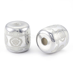 Electroplate Glass Beads, Barrel with Flower Pattern, Platinum Plated, 12x11.5mm, Hole: 3mm, 100pcs/bag