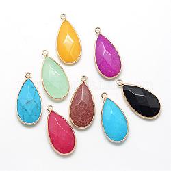 Natural & Synthetic Mixed Stone Pendants, with Platinum Tone Brass Findings, Faceted, teardrop, Mixed Color, 32.5~33x16x6mm, Hole: 2.5mm