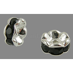 Abalorios de latón Diamante de imitación espaciador, Grado A, borde ondulado, color plateado, rerondana plana, jet, 6x3mm, agujero: 1 mm