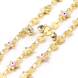 Enamel Star with Evil Eye & Brass Flat Round Link Chains, with Clear Glass Charms, Soldered, with Spools, Real 18K Gold Plated, Pink, 11x6x2.7mm, 10.5x5.5x2.3mm