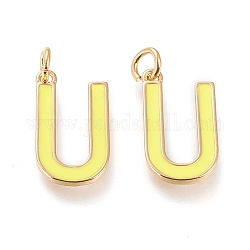 Brass Enamel Pendants, with Jump Ring, Long-Lasting Plated, Real 18K Gold Plated, Letter.U, Champagne Yellow, Letter.U, U: 18x10x1.8mm, Jump Rings: Inner Diameter: 3mm