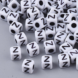 Белые непрозрачные акриловые бусины, горизонтальное отверстие, куб с черным алфавитом, letter.z, 4~5x4~5x4~5 мм, отверстие : 1.8 мм, Около 255~260 шт / 20 г