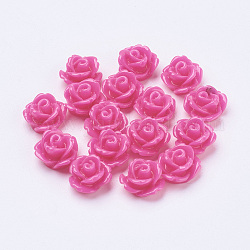 Flower Rose Flatback Resin Cabochons, Deep Pink, 10mm in diameter, 6.5mm thick, bottom diameter: about 7.5~8mm.