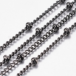 304 Stainless Steel Curb Chains, Satellite Chains, Soldered, with Spool, with Rondelle Beads, Electrophoresis Black, 1.5mm, about 32.8 Feet(10m)/roll