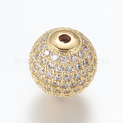 Brass Micro Pave Cubic Zirconia Beads, Round, Golden, Clear, 12mm, Hole: 2.5mm
