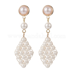 Boucles d'oreilles pendantes en forme de losange tressé en perles de coquillage et en plastique, Boucles d'oreilles longues en fil de laiton doré pour femme, blanc, 55mm, pin: 0.7 mm