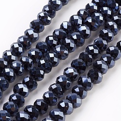 Abalorios de vidrio electroplate hebras, lleno chapado, facetados, rerondana plana, azul de Prusia, 6x4.5mm, agujero: 0.8 mm, aproximamente 88~92 pcs / cadena, 15.5 pulgada