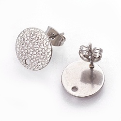 304 Stainless Steel Ear Stud Findings, with Ear Nuts/Earring Backs and Hole, Textured Flat Round with Spot Lines, Stainless Steel Color, 12mm, Hole: 1.2mm, Pin: 0.8mm