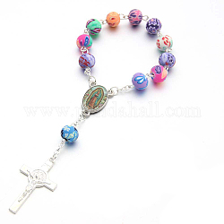 Braccialetto rosario per pasqua, braccialetto croce crocifisso in lega con catene di perline in argilla polimerica per le donne, argento, 5-1/2 pollice (14 cm)