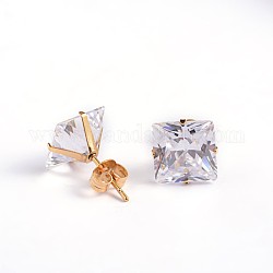 Square Cubic Zirconia Stud Earrings, with Golden Plated 304 Stainless Steel Pins, Clear, 6.5x6mm, Pin: 0.9mm