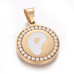 304 Stainless Steel Enamel Pendants, with Cubic Zirconia, Flat Round with Letter, Golden, Clear, Letter.P, 29x25x3mm, Hole: 5.5x8.5mm