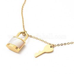 Natural Shell Padlock and Key Pendant Necklace, Ion Plating(IP) 304 Stainless Steel Jewelry for Women, Golden, 18.23 inch(46.3cm)