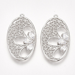 Brass Filigree Pendants, with Cubic Zirconia, Oval, Clear, Nickel Free, Real Platinum Plated, 30x17x3mm, Hole: 1.2mm