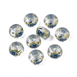 Perline di rondelle in acrilico trasparente con stampa floreale, perline con foro grande, chiaro, 15x9mm, Foro: 7 mm