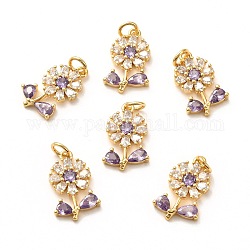 Brass Micro Pave Lilac Cubic Zirconia Pendants, Long-Lasting Plated, Flower, Real 18K Gold Plated, 18x11x2.5mm, Hole: 3.5mm, Ring: 5x1mm