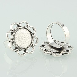 Vintage Adjustable Iron Finger Ring Components Alloy Flower Cabochon Bezel Settings, Cadmium Free & Lead Free, Antique Silver, Flat Round Tray: 14mm, 17mm