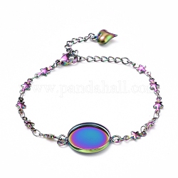 Rainbow Color 304 Stainless Steel Bracelet Making, with Lobster Claw Clasps, Star Link Chains and Flat Round Cabochon Settings, Tray: 16mm, 6-1/8 inch(15.5cm)