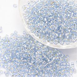 6/0 Perlas redondas de vidrio transparente, Grado A, plata forrada, Alice azul, 3.6~4.0mm, agujero: 1.2 mm, aproximamente 500 unidades / 50 g