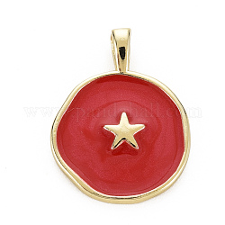 Brass Enamel Pendants, Cadmium Free & Nickel Free & Lead Free, Real 16K Gold Plated, Flat Round with Star, FireBrick, 20.5x15.5x4.5mm, Hole: 2.5x3mm