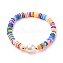 Bracelets extensibles de perles heishi en argile polymère, avec des perles d'imitation acryliques et des perles en laiton, colorées, diamètre intérieur: 2-1/4 pouce (5.6 cm)
