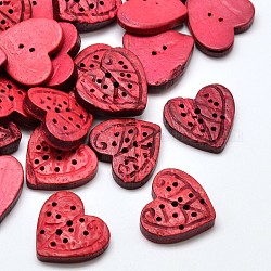 Corazón de coco 2 agujeros botones de coser, teñido, camelia, 20~21x22~23x4~6mm, agujero: 1 mm