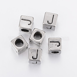 304 perline europee di grandi dimensioni in acciaio inossidabile, cubo con letter.j, argento antico, 8x8x8mm, Foro: 5 mm