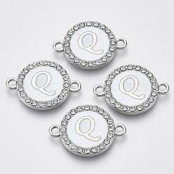 Alloy Enamel Links Connectors, with Crystal Rhinestones, Flat Round with Letter, Silver Color Plated, Letter.Q, 22x16x2mm, Hole: 1.8mm