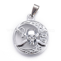 Tibetan Style Alloy Pendants, with Stainless Steel Findings, Flat Round with Skull, Platinum, 35x29x9mm, Hole: 4x9mm