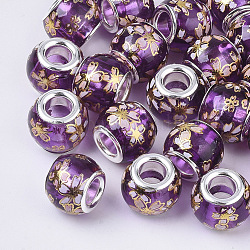 Transparentem Glas European Beads, Großloch perlen, mit Platin-Ton Messing Doppeladern, Unterlegscheibe mit sakura, Medium Orchidee, 12x9.5 mm, Bohrung: 5 mm