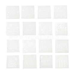 誕生日テーマペットプラスチック図面絵画ステンシルテンプレート  混合図形  DIYスクラップブッキング用  ホワイト  15x15x0.01cm  16個/セット