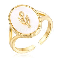 925 anillo brazalete abierto ovalado con tulipanes en plata de primera ley, anillo de dedo grueso de concha natural para mujer, dorado, nosotros tamaño 5 1/4 (15.9 mm)