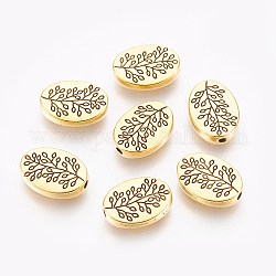 Tibetischer stil legierung perlen, oval mit Blatt, Antik Golden, bleifrei und cadmiumfrei und nickelfrei, 14x10x3 mm, Bohrung: 1.5 mm