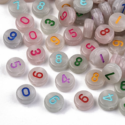 Perles acryliques lumineuses, plat et circulaire avec numéro, couleur mixte, 7x4mm, Trou: 1.5mm