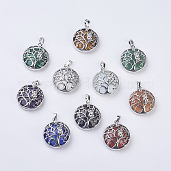 Natural & Synthetic Mixed Stone Pendants, with Brass Findings, Flat Round with Tree of Life, Platinum, 31~32x27x8~9mm, Hole: 5x7mm