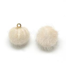 Faux Mink Fur Covered Charms, with Golden Tone Brass Findings, Round, Floral White, 12~14x10mm, Hole: 1.5mm