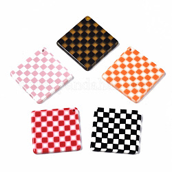 Cellulose Acetate(Resin) Pendants, Rhombus with Grid Pattern, Mixed Color, 34x34x2.5mm, Hole: 1.4mm