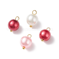 Colgantes de perlas de vidrio, con oro chapado fornituras de latón, redondo, rojo, 11x8.5mm, agujero: 2 mm