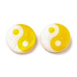 Perles de coquillage d'eau douce naturelles imprimées, perles rondes plates yin yang, or, 15x3~3.5mm, Trou: 0.7mm
