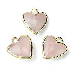 Ciondoli quazo rosa naturale, sfaccettate charms cuore, con cremagliera bordo in ottone placcato oro chiaro, 23x20x7mm, Foro: 4x4 mm