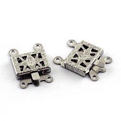 304 Stainless Steel Box Clasps, Rectangle, 4 Hole, 2 Loop, Stainless Steel Color, 10x15x2.5mm, Hole: 1.5mm