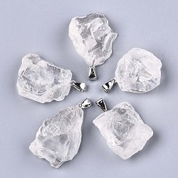 Rohe raue natürliche Quarzkristallanhänger, Anhänger aus Bergkristall, mit platinierten Eisenbügeln, Nuggets, 30~50x25~30x13.5~18.5 mm, Bohrung: 5.5x3.5 mm