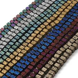 Brins de perles de pierre de lave naturelle galvanisées, rectangle, couleur mixte, 6x6.5x6.5mm, Trou: 1mm, Environ 68 pcs/chapelet, 16.54''~16.93'' (42~43 cm)